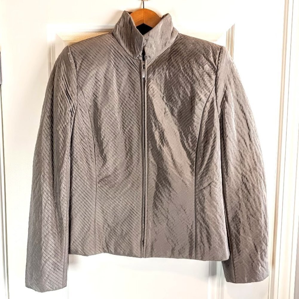 Linda Allard Ellen Tracy Grey Pleated Silk Full Zip Jacket